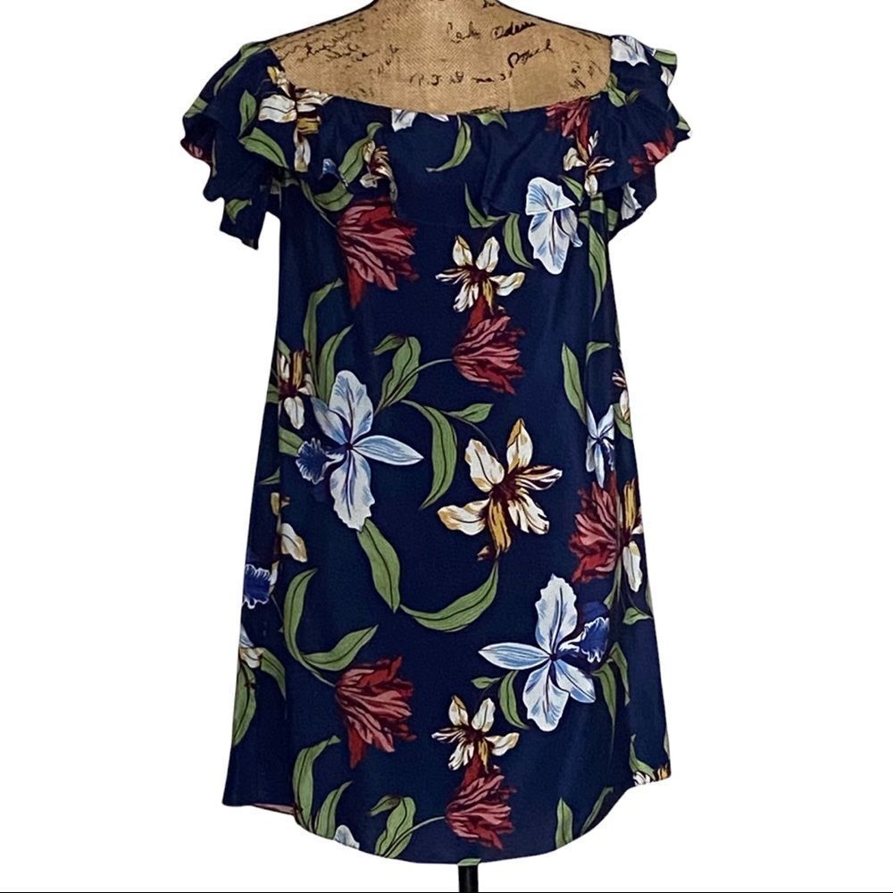 AMANDA UPRICHARD Silk Navy Floral Off-Shoulder Tunic Mini Dress